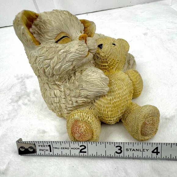 Sleeping Kitty Cat Hugging Teddy Bear 5.5" Beige Resin Figurine - Picture 11 of 12